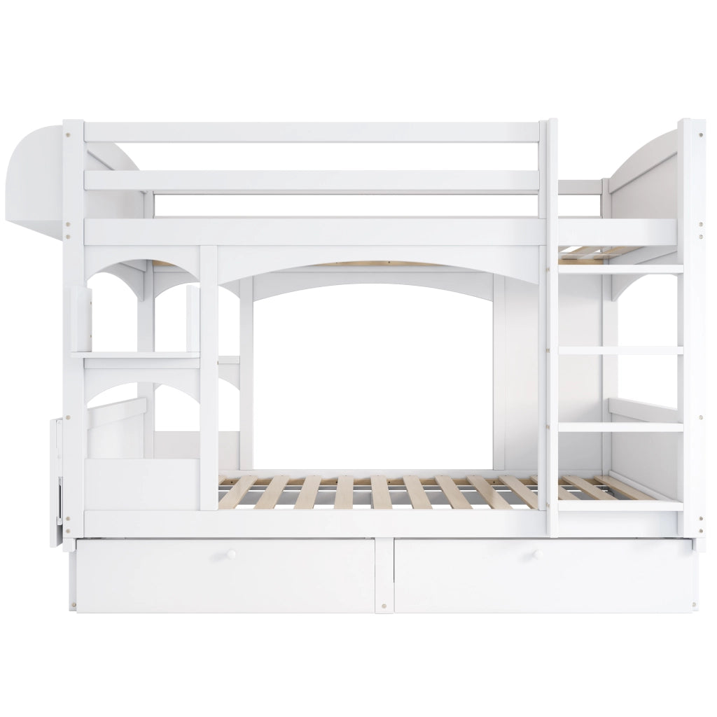 Letto a castello 90x200 cm con cassetti, scala, scrivania integrata in legno massello bianco