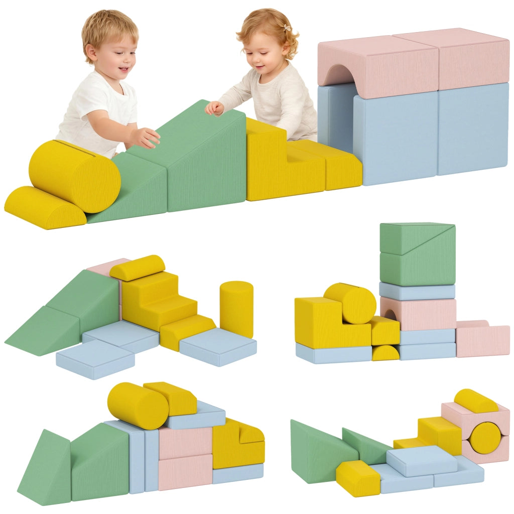 Set 12 Blocchi Morbidi per Bambini in Gommapiuma e Velluto a Coste, Lavabile, Gioco Creativo Indoor, Colori Pastello