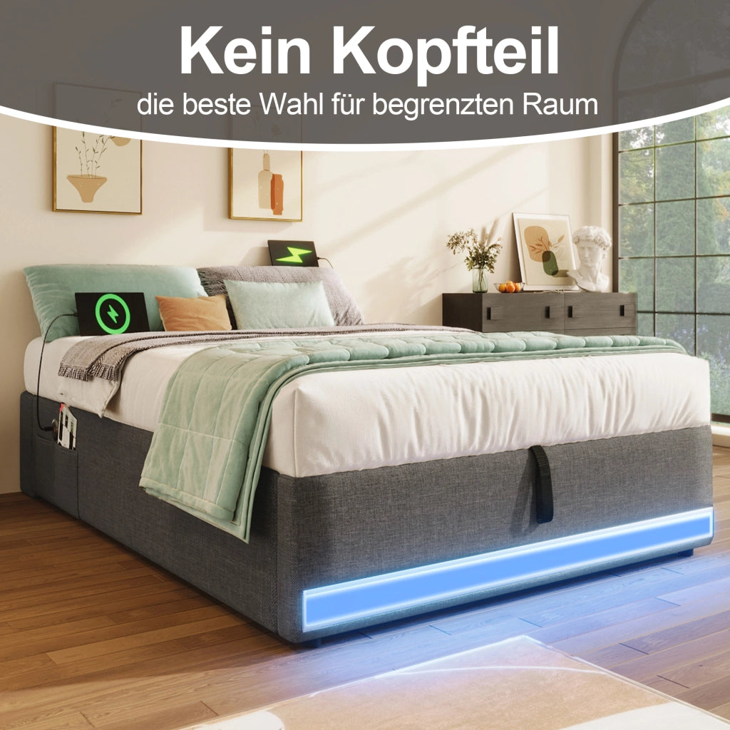 Letto singolo imbottito 90 × 200 cm con contenitore idraulico in lino grigio con LED USB e Type-C
