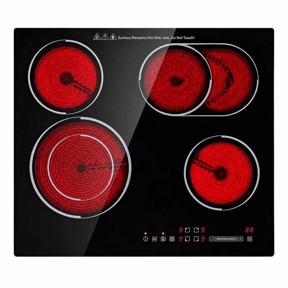 Piano Cottura Elettrico Incasso Vetroceramico 6600W 4 Bruciatori Blocco Bambini 9 Livelli 590x520mm