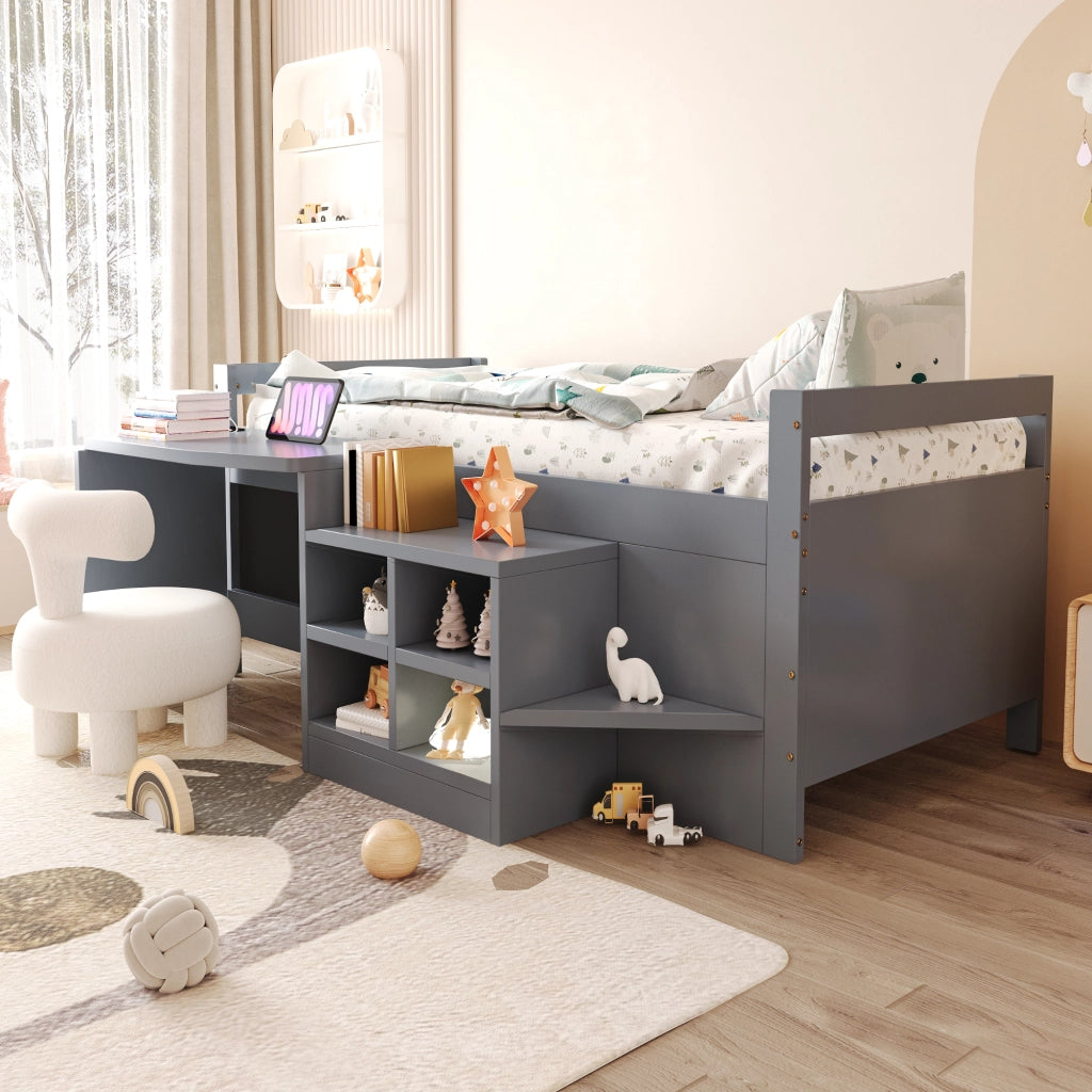 Letto multifunzionale per bambini 90 × 200 cm con scrivania contenitori prese USB gradini grigio in legno