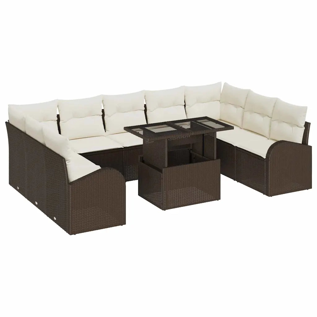 Set Divano da Giardino con cuscino 10 pcs Marrone Poly Rattan