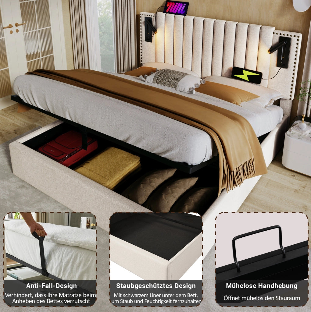 Letto matrimoniale imbottito beige 180x200 cm con contenitore, luce da lettura USB e struttura in cotone