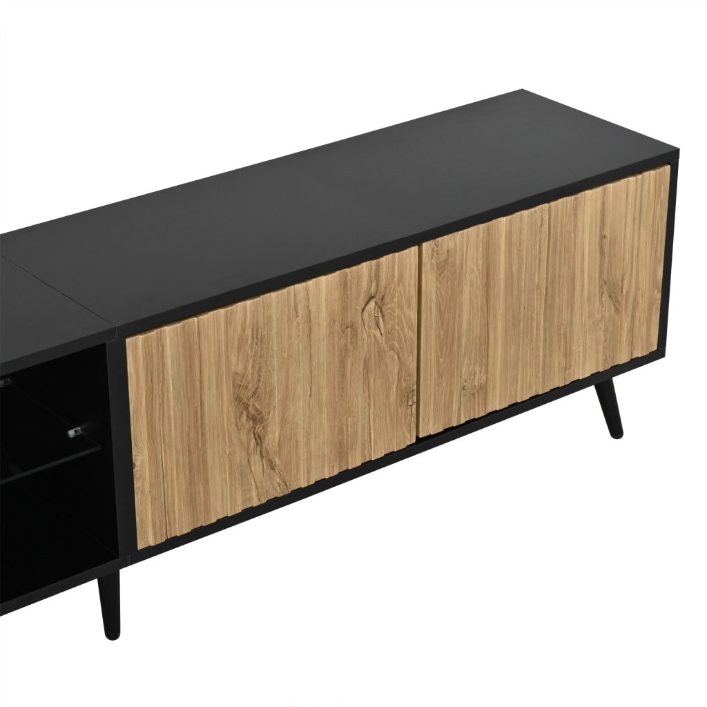 Mobile TV LED con 3 ante e ripiani in vetro regolabili per soggiorno, legno naturale e nero, 175 × 31 × 43.5 cm