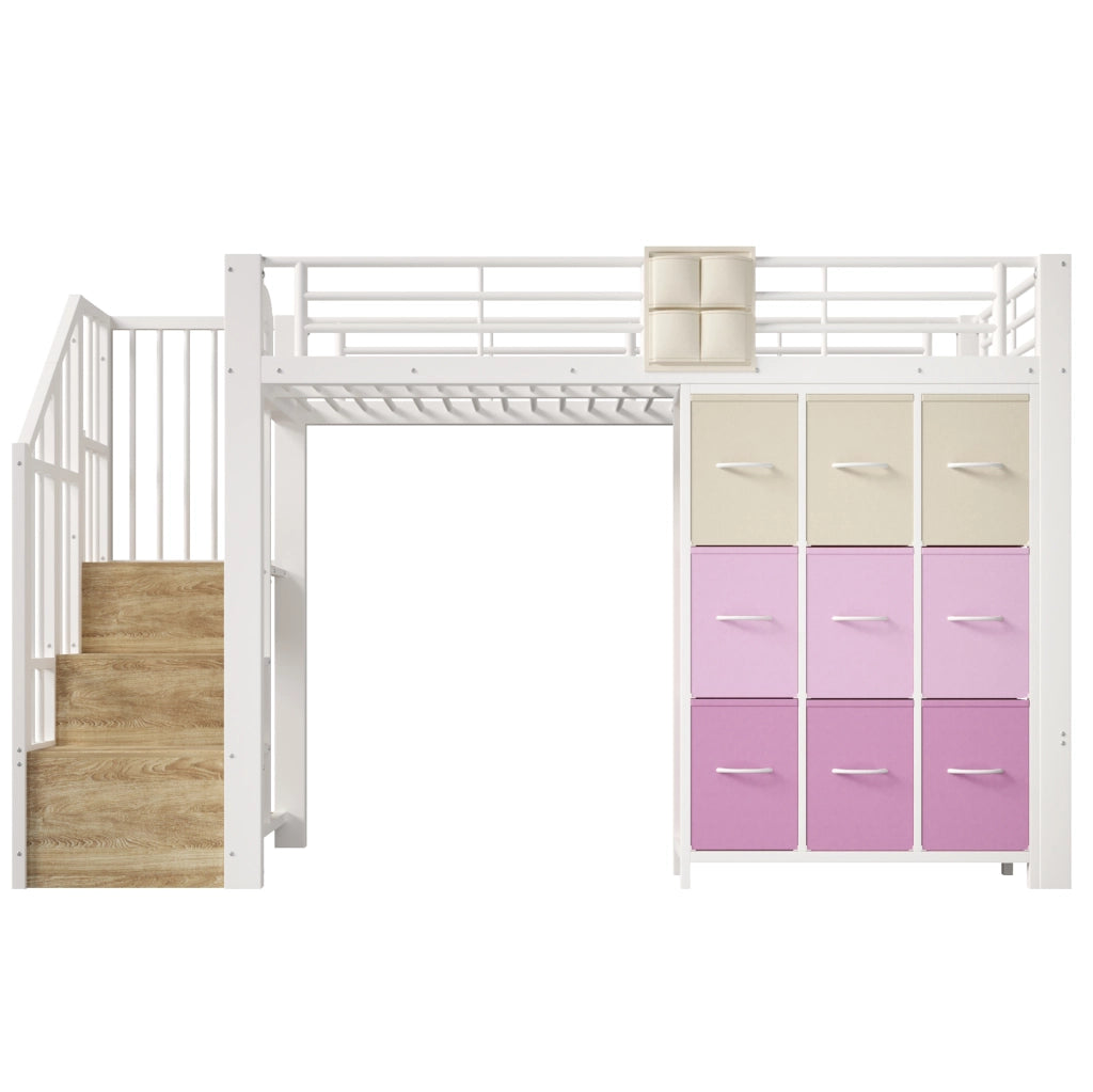 Letto a soppalco 90x200 cm con cassetti e scala contenitore in metallo e MDF bianco