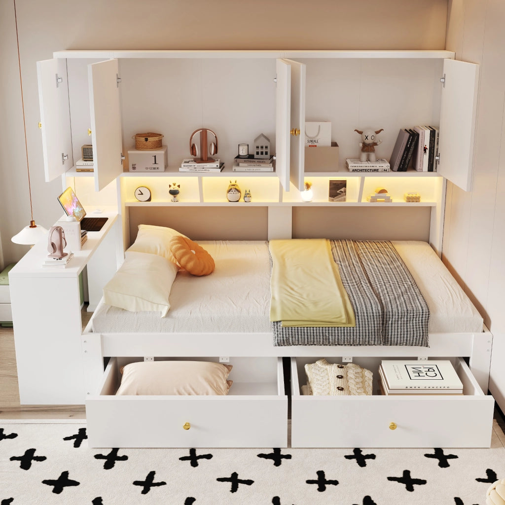 Letto con cassetti 90 × 200 cm con scrivania integrata armadi ripiani LED prese rete a doghe struttura in MDF bianco