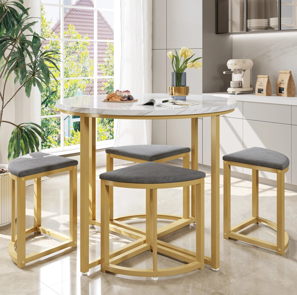 Set tavolo da pranzo 80 cm bianco e grigio in MDF, 4 sedie in velluto