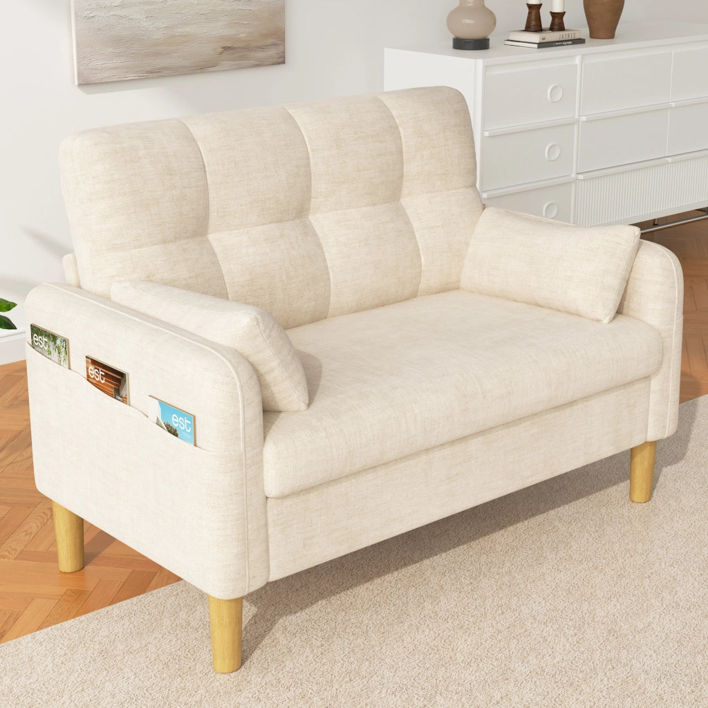 Divano 2 posti con cuscini e tasca laterale in chenille beige 119 × 78 × 85 cm