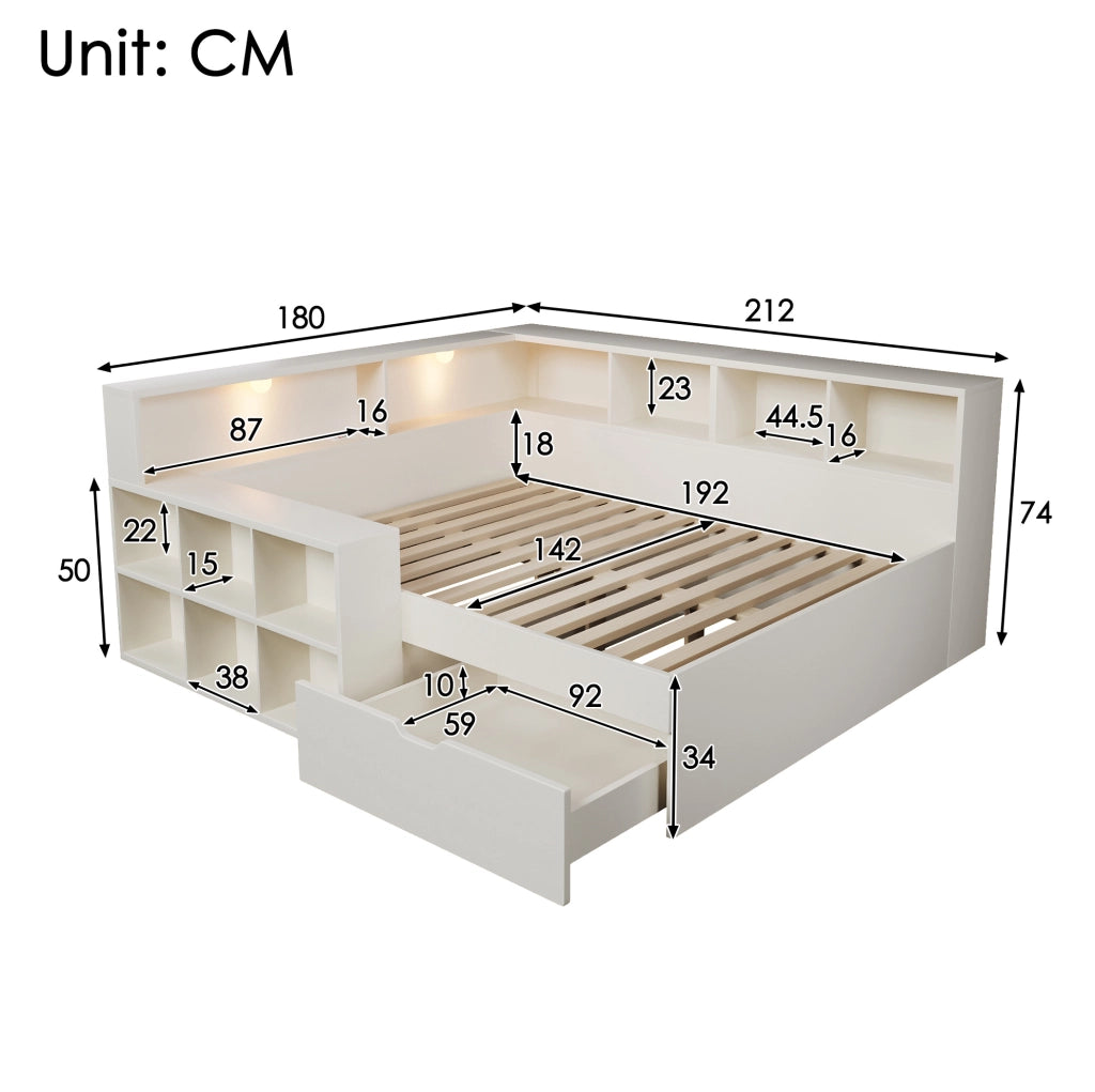 Letto matrimoniale 140x190 cm con contenitore; luci e porte USB/Type-C bianco HOMVRA