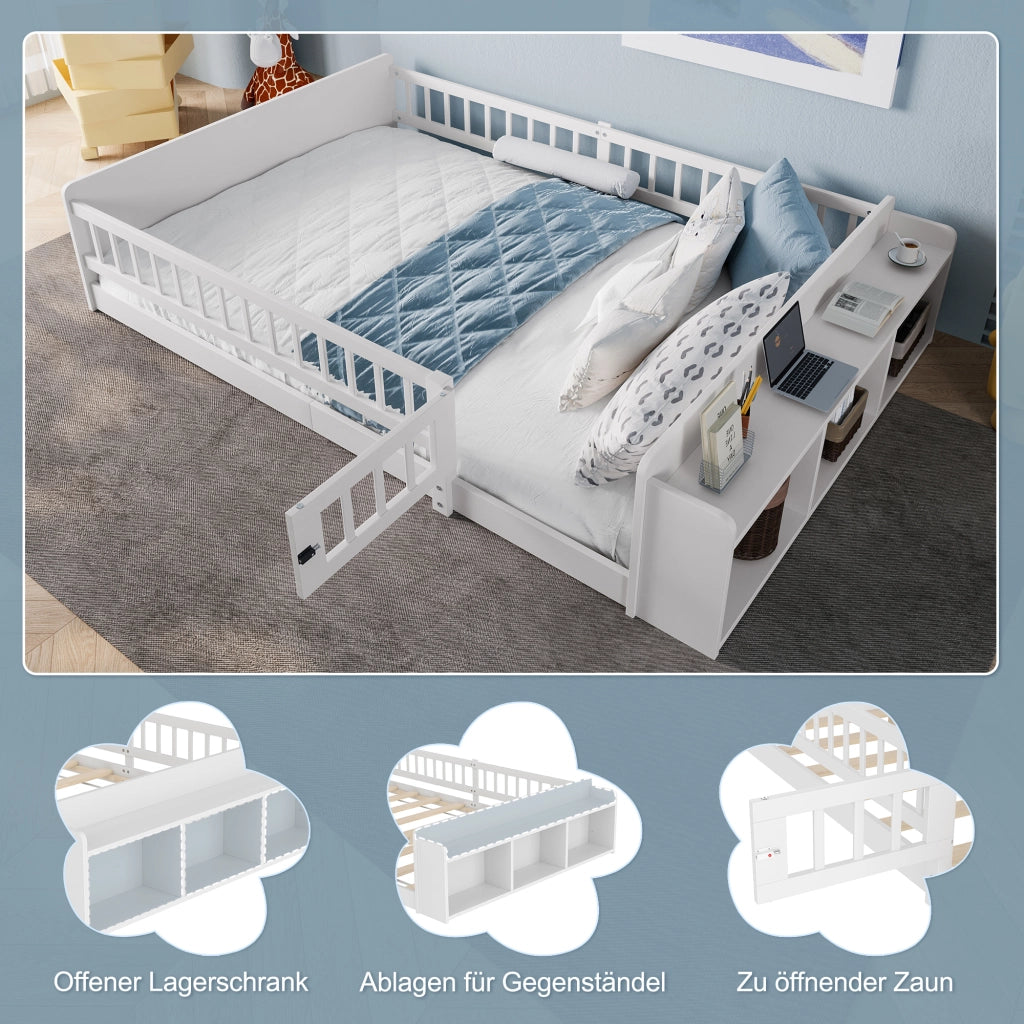 Letto per bambini 140 × 190 cm con ripiani e vano aperto; senza materasso; in legno di pino e MDF; bianco
