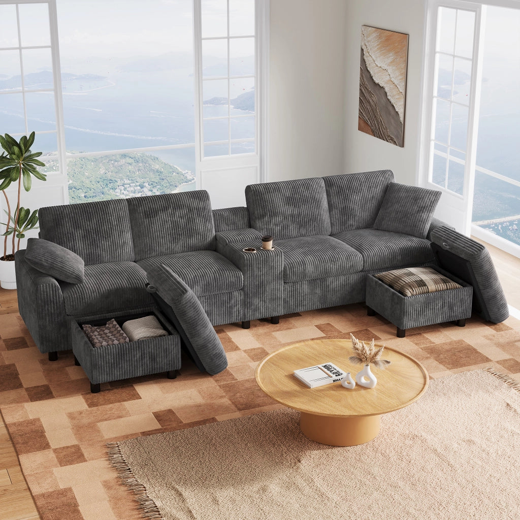 Divano a U in velluto a coste grigio 315 cm 4 posti con due pouf