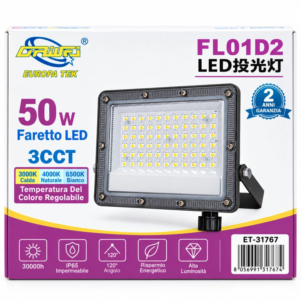 FARO LED 50W ESTERNO IP65 FARETTO GIARDINO 3CCT 3000K 4000K 6500K LUCE ET-31767
