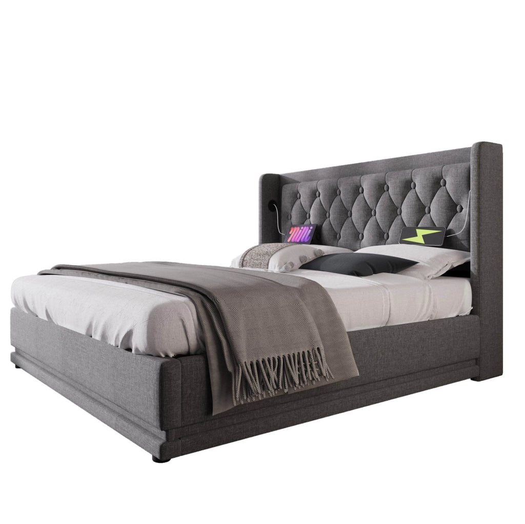 Letto matrimoniale 180x200 cm in cotone con LED e contenitore