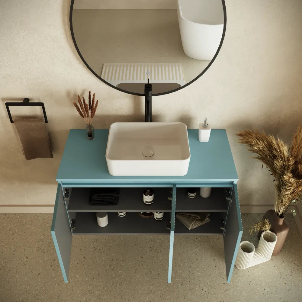 Mobile bagno sospeso 100cm carta da zucchero cannettato 3 ante con top | Pelion