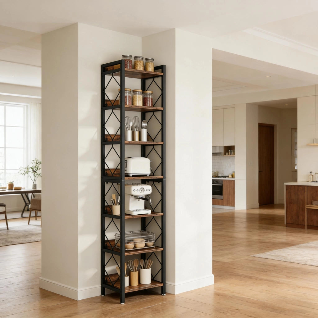 Libreria a 7 ripiani aperti in metallo e legno marrone rustico e nero 34 × 34 × 200 cm