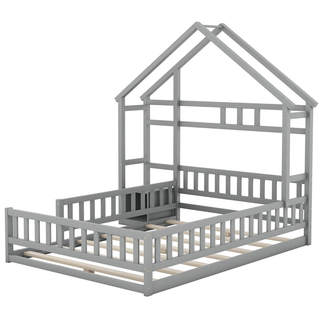 Letto a Casetta 140x200 cm in legno di pino con Sponde di Sicurezza Grigio