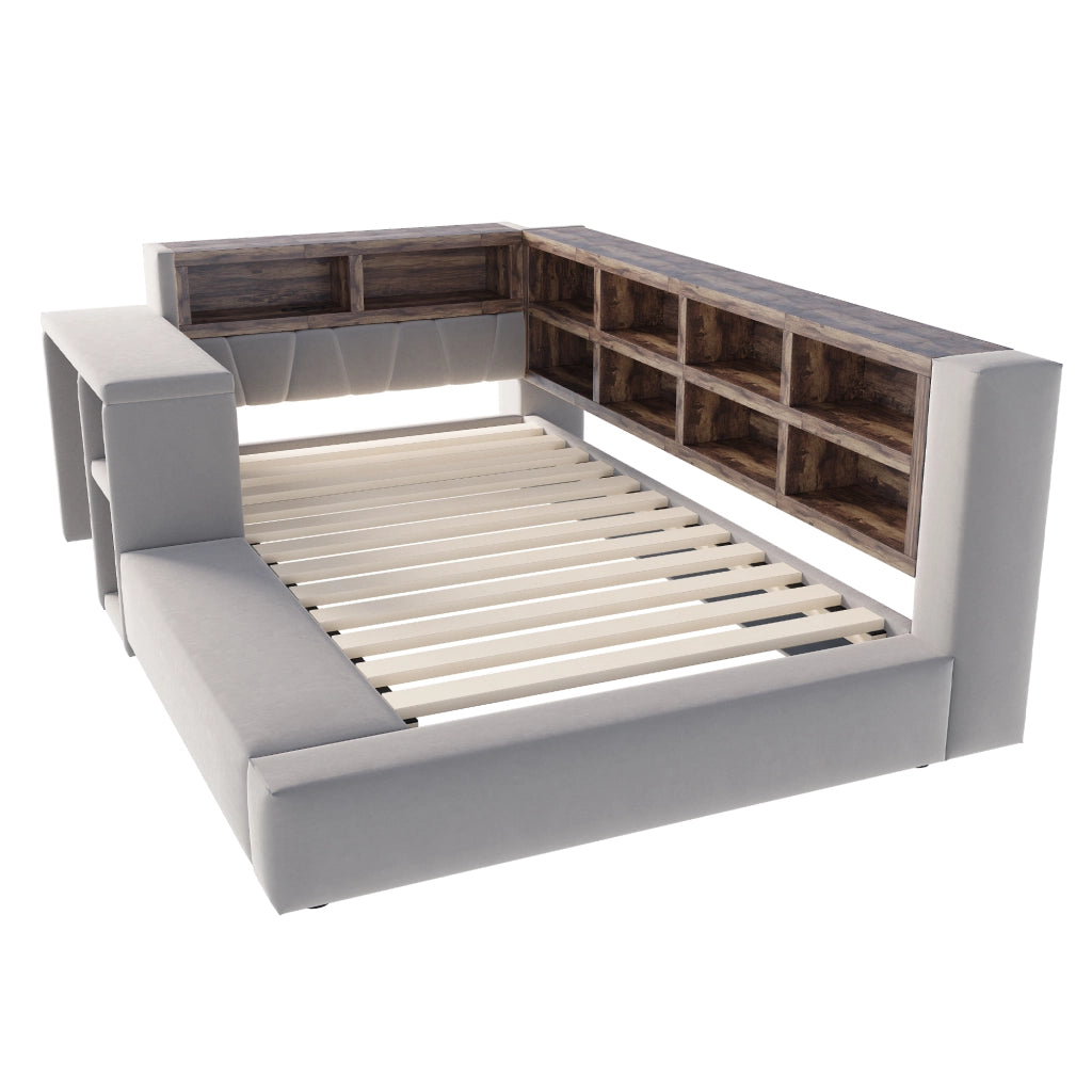 Letto Imbottito 90x200 cm Singolo Grigio Scuro con Testiera Portaoggetti; LED e Prese Integrate