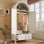 Armadio guardaroba 181x78x45 cm in MDF bianco con intreccio in rattan, 2 ante con chiusura magnetica, 2 cassetti, barra appendiabiti e apertura a mezzaluna