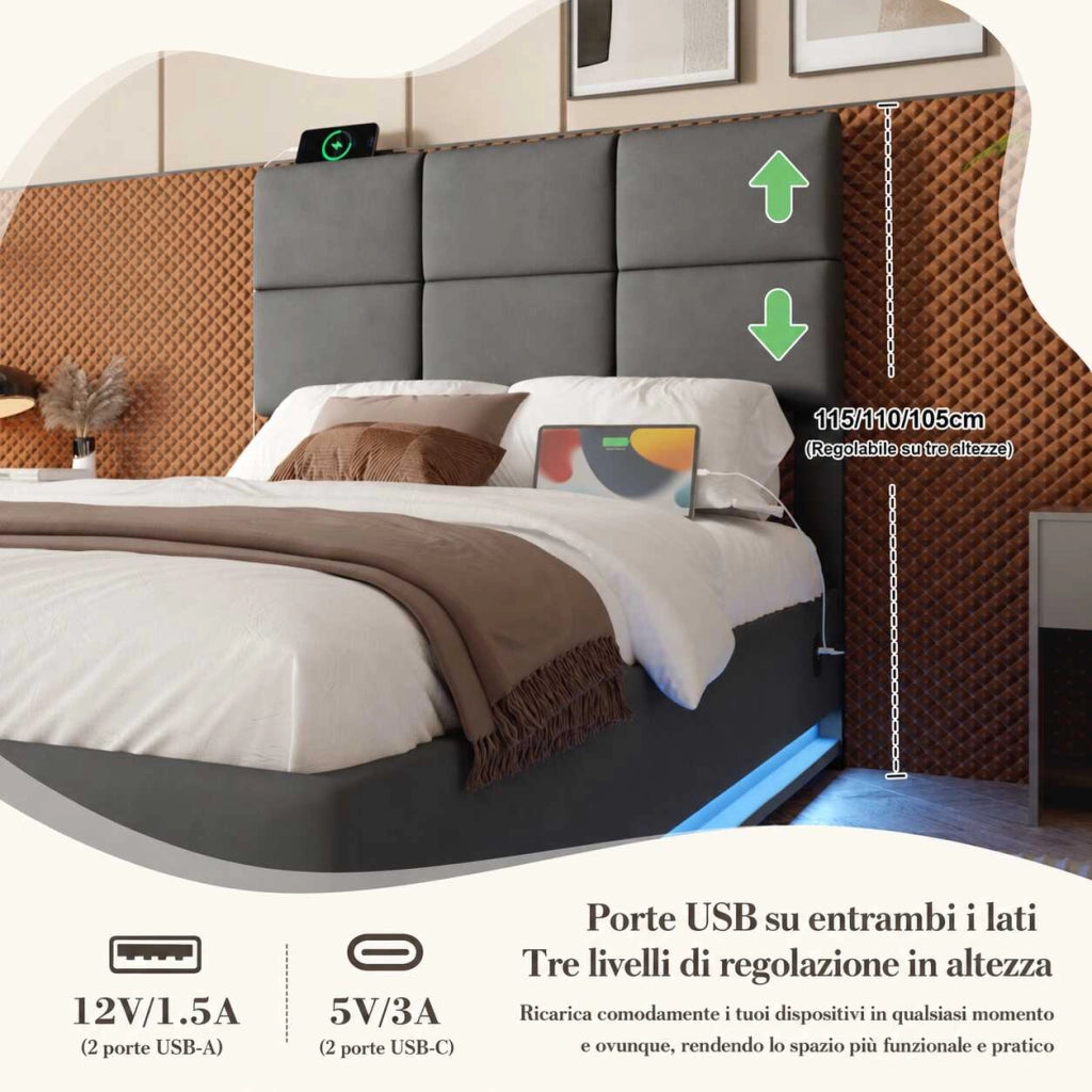 Letto contenitore singolo 90x200 cm in velluto grigio scuro con testiera regolabile; LED; USB e USB-C