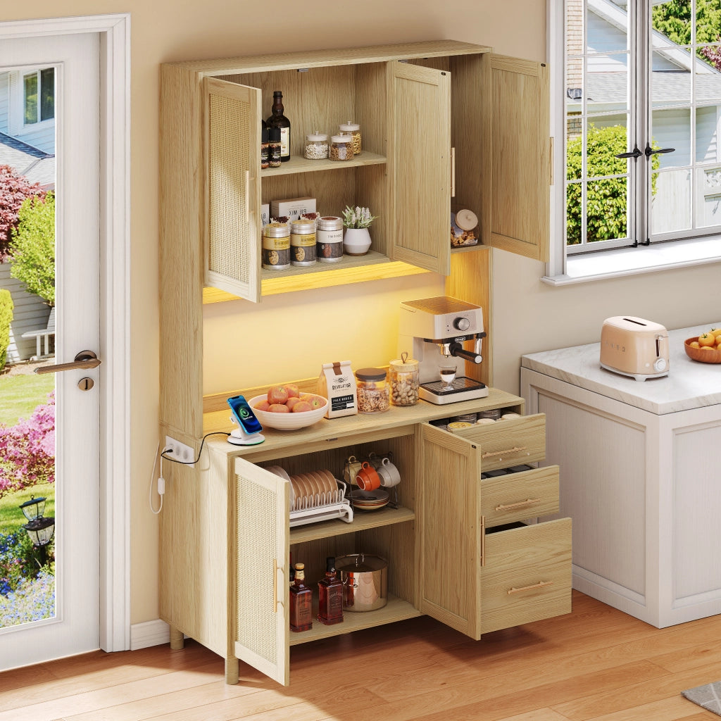 Credenza da cucina alta LED con 3 cassetti, 3 ante, ripiani regolabili, prese e USB per cucina, MDF naturale, 183 cm