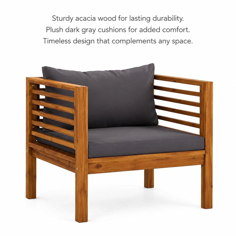 Garden Chair With Dark Grey Cushions, Solid Acacia Wood