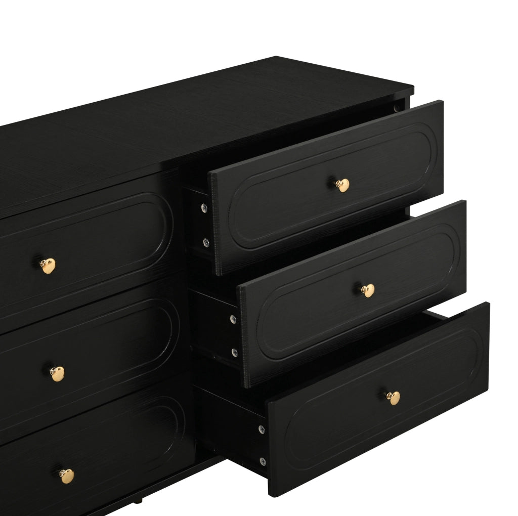 Credenza nera con 6 cassetti; frontali ovali e piedi in metallo; 120 × 40 × 75 cm
