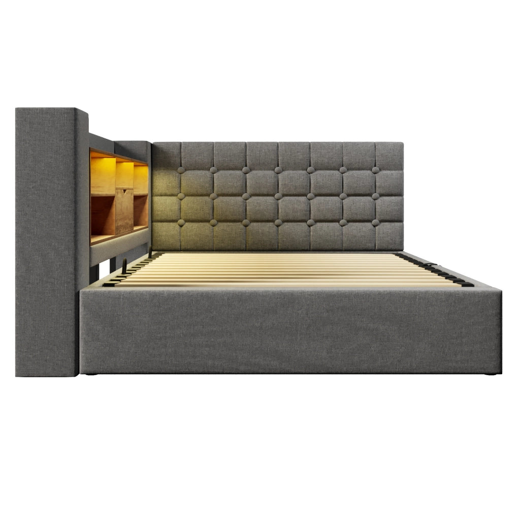 Letto 140x200 cm con contenitore idraulico; LED e porte USB in lino grigio