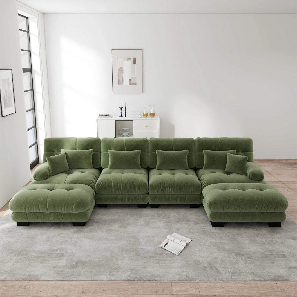 Divano modulare a U 4 posti con ottomane mobili e cuscini lombari, in ciniglia verde, 406 × 145 × 81 cm