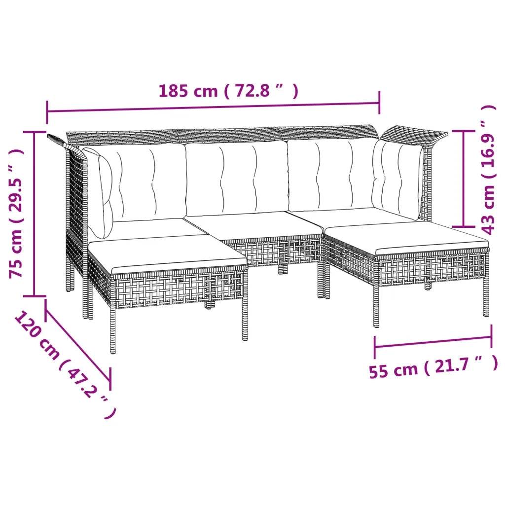 Set Divani da Giardino 5 pz con Cuscini in Polyrattan Grigio 319664