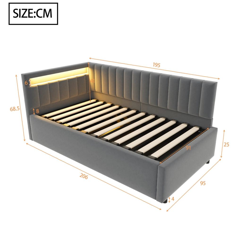 Letto divano imbottito 90x200 cm con illuminazione LED e vano contenitore idraulico, tessuto in velluto grigio, design classico a righe verticali