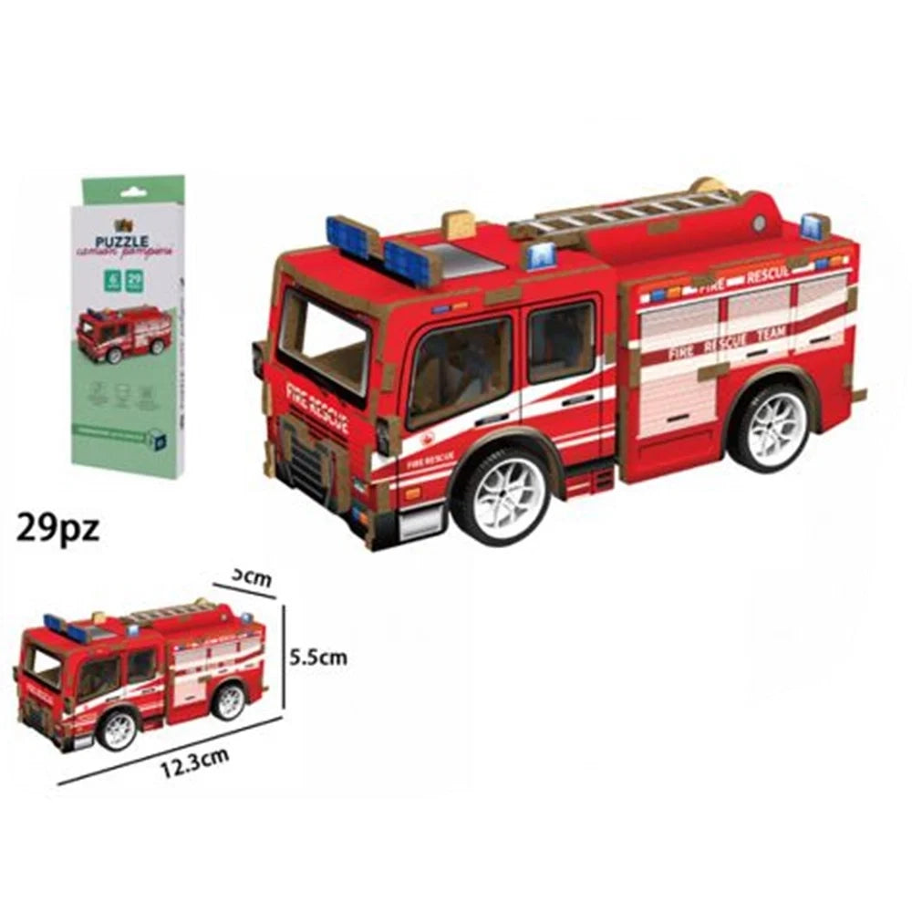 Trade Shop - Puzzle 3d Modellino Giocattolo In Legno 29pz Da Assemblare Modello Camion Pompieri 32386 -