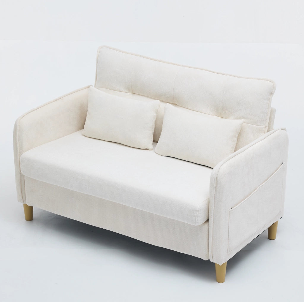 Divano 2 posti in tessuto chenille beige 127x75,5x83 cm con braccioli, tasche laterali e cuscini