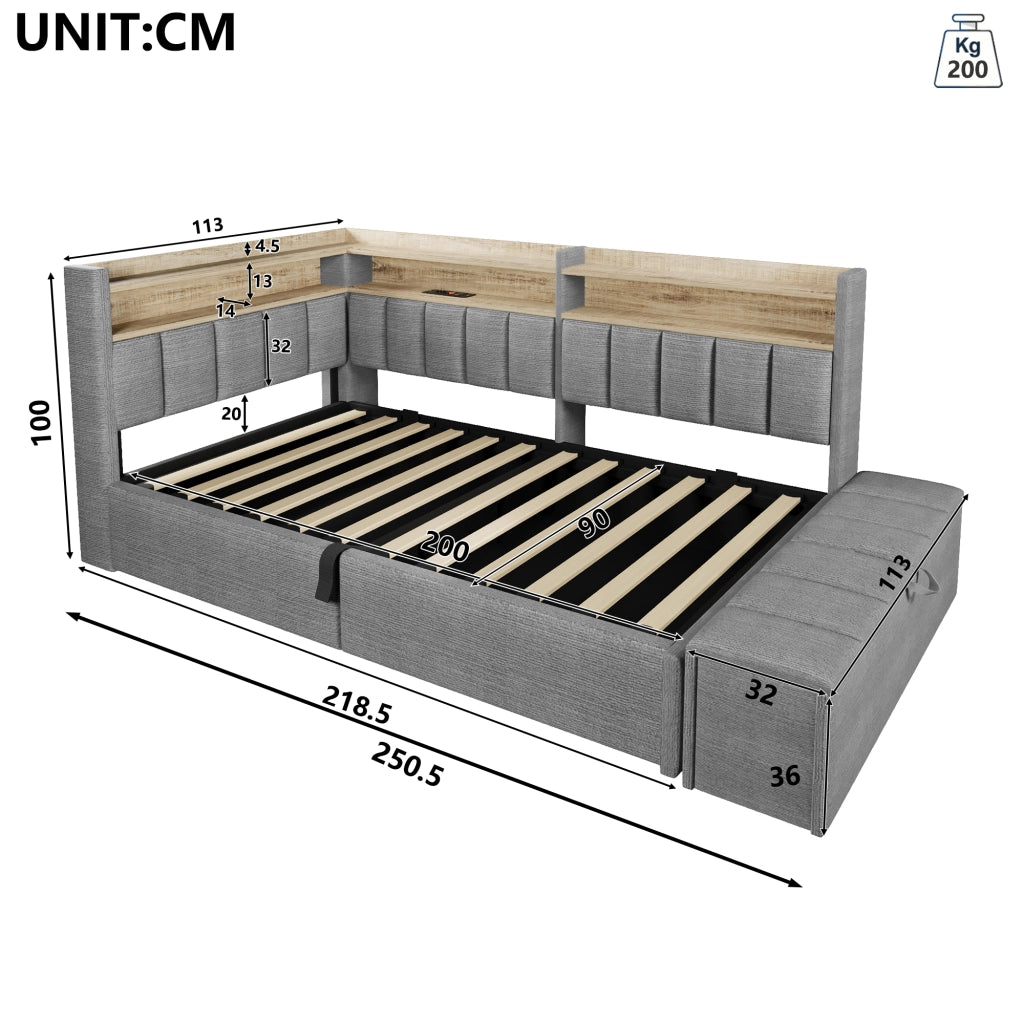 Daybed Imbottito 90x200 cm con Sollevamento Idraulico; Vano Contenitore; LED; USB; Grigio