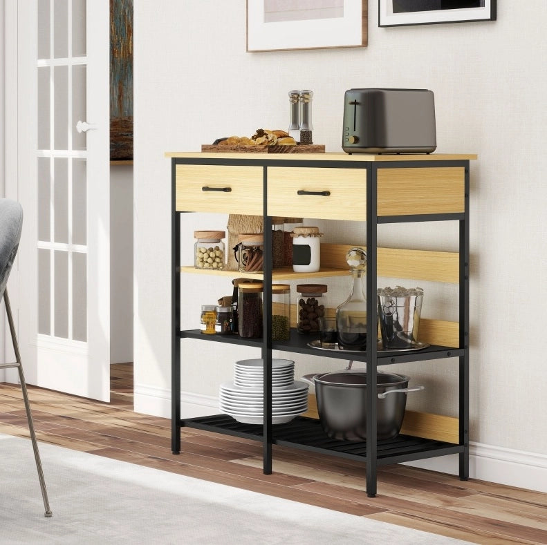 Credenza in legno naturale con 2 cassetti e 3 ripiani aperti 90x40x91 cm, stile industriale