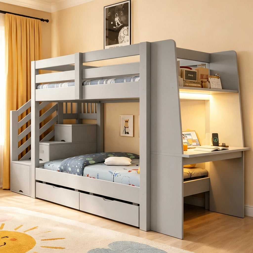 Letto a castello 90x200 cm con scrivania; libreria; scala contenitore; LED e cassetti; grigio