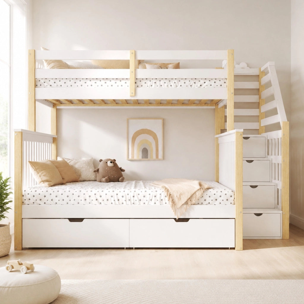 Letto a castello 90 x 200 e 140 x 200 cm in pino bianco naturale con cassetti