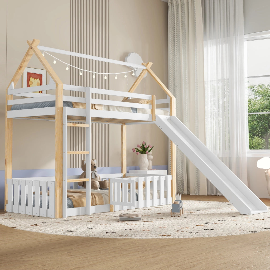 Letto a soppalco bambini con scivolo; struttura in pino e MDF; bianco e naturale; 90x200 cm