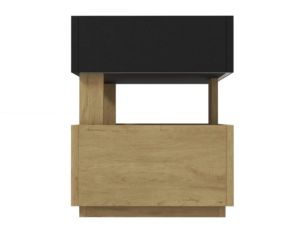 Comodino intelligente con ricarica wireless, luci LED ambientali, porte USB e due cassetti - nero e legno naturale, 50x40x50 cm