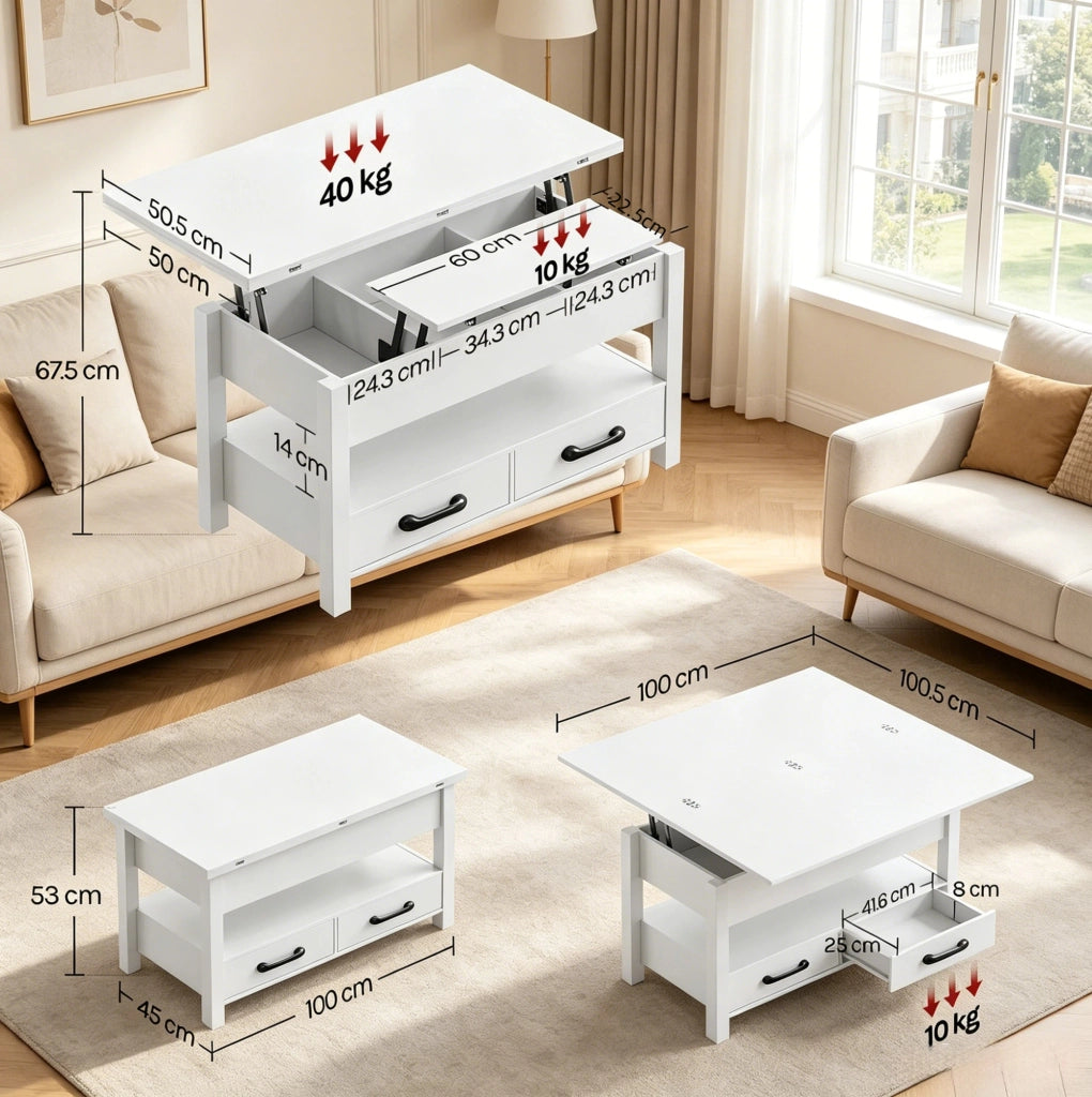 Tavolino da caffè trasformabile bianco con piano sollevabile; 2 cassetti; 100 x 50;5 x 53 cm