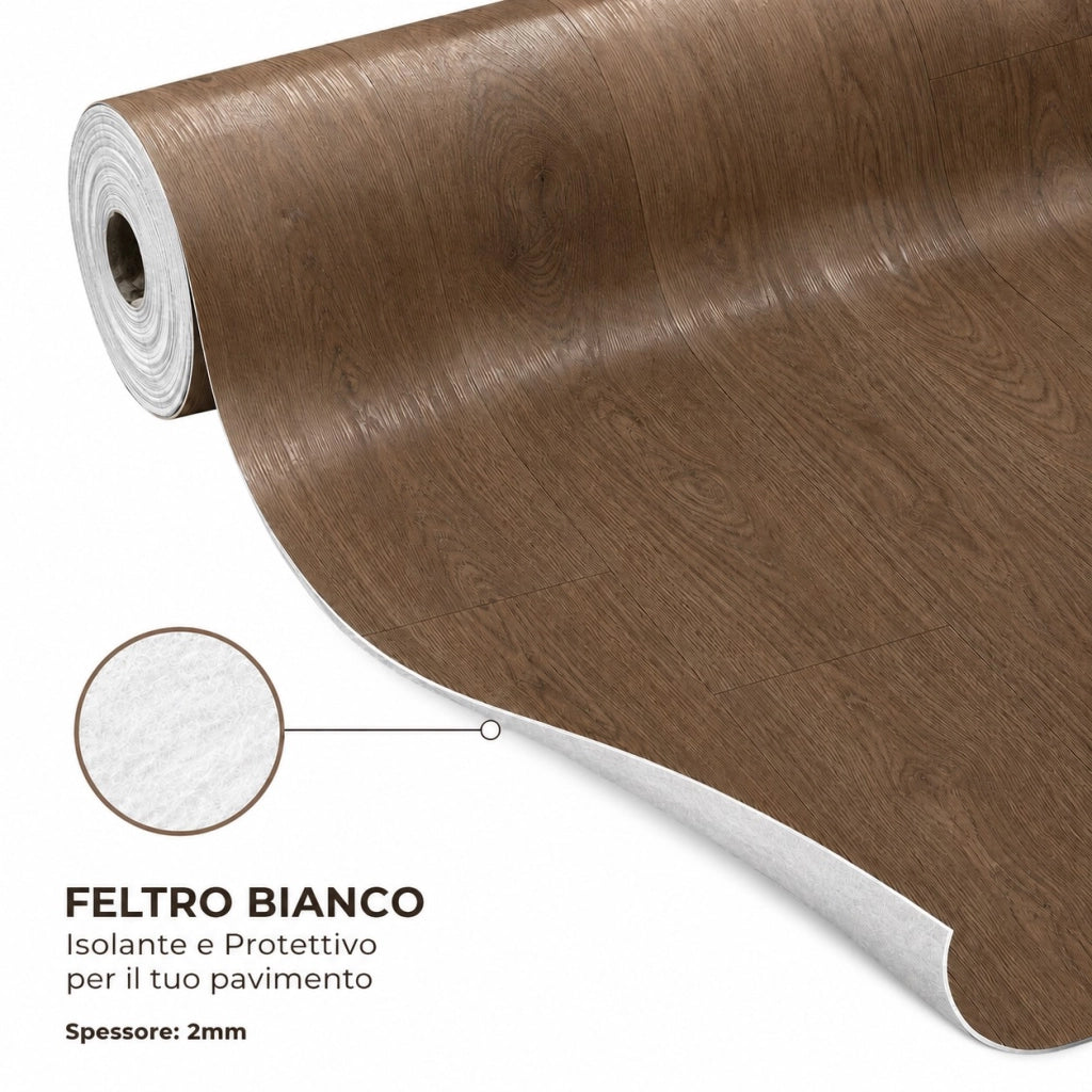 1 x 15 m (15 m²) Pavimento Vinilico a Rotolo Effetto Legno Noce Affumicato – Spessore 2 mm con Feltro Fonoassorbente