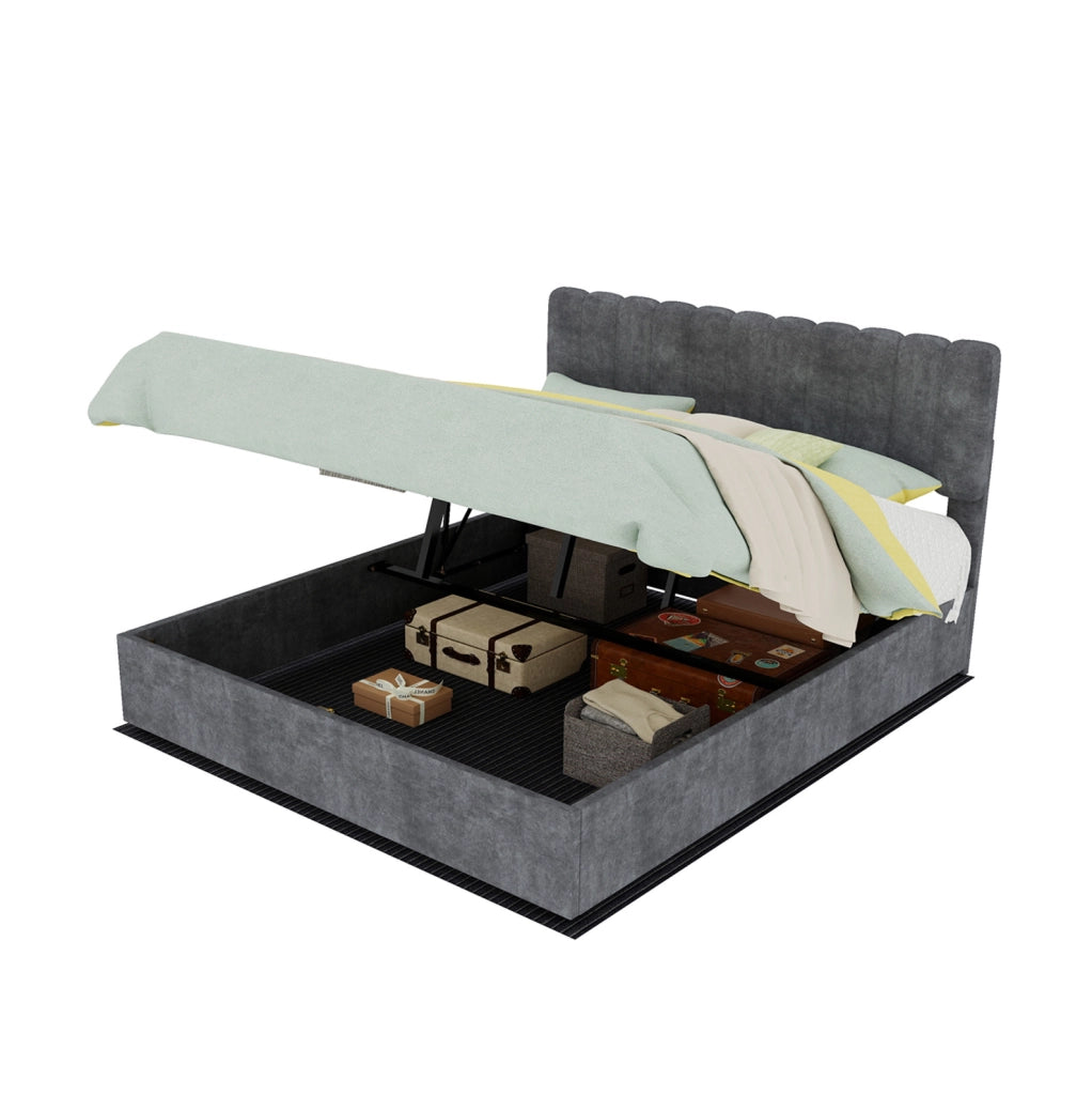 Letto imbottito moderno 160x200 cm con testiera morbida grigio e contenitore con meccanismo a gas