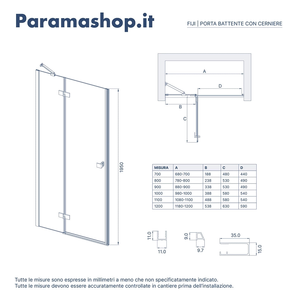 Porta doccia 100cm apertura a battente lato destro con cerniere, profili cromati e vetro da 8mm trasparente h195 | Fiji