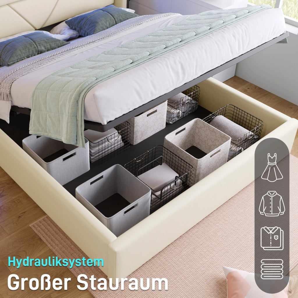Letto contenitore idraulico imbottito 160x200 cm con luci LED e telecomando, bianco, struttura in PU