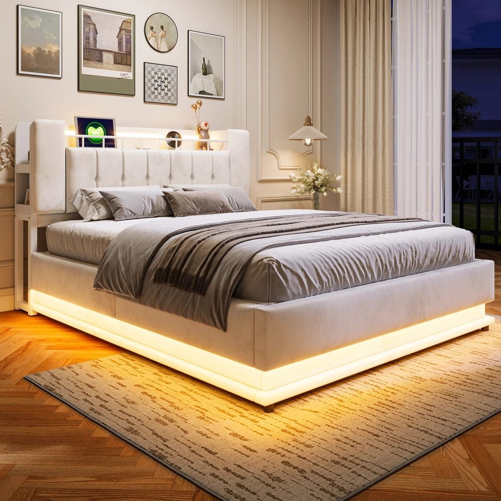 Letto imbottito 160 ¡Á 200 cm con LED USB contenitore idraulico in velluto beige rete a doghe in metallo
