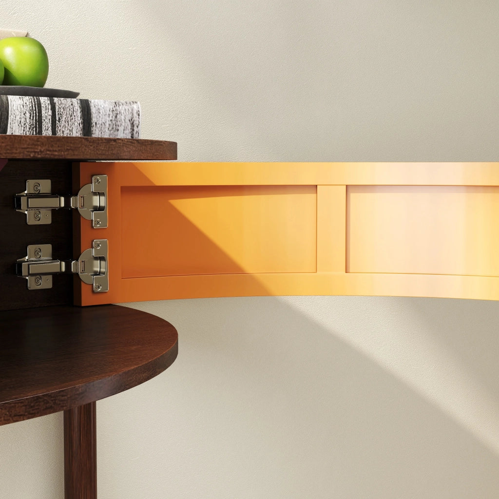 Consolle mezzaluna con motivo 3D ondulato, decoro legno noce MDF laccato UV, gambe in massello, 2 cassetti e ripiano inferiore