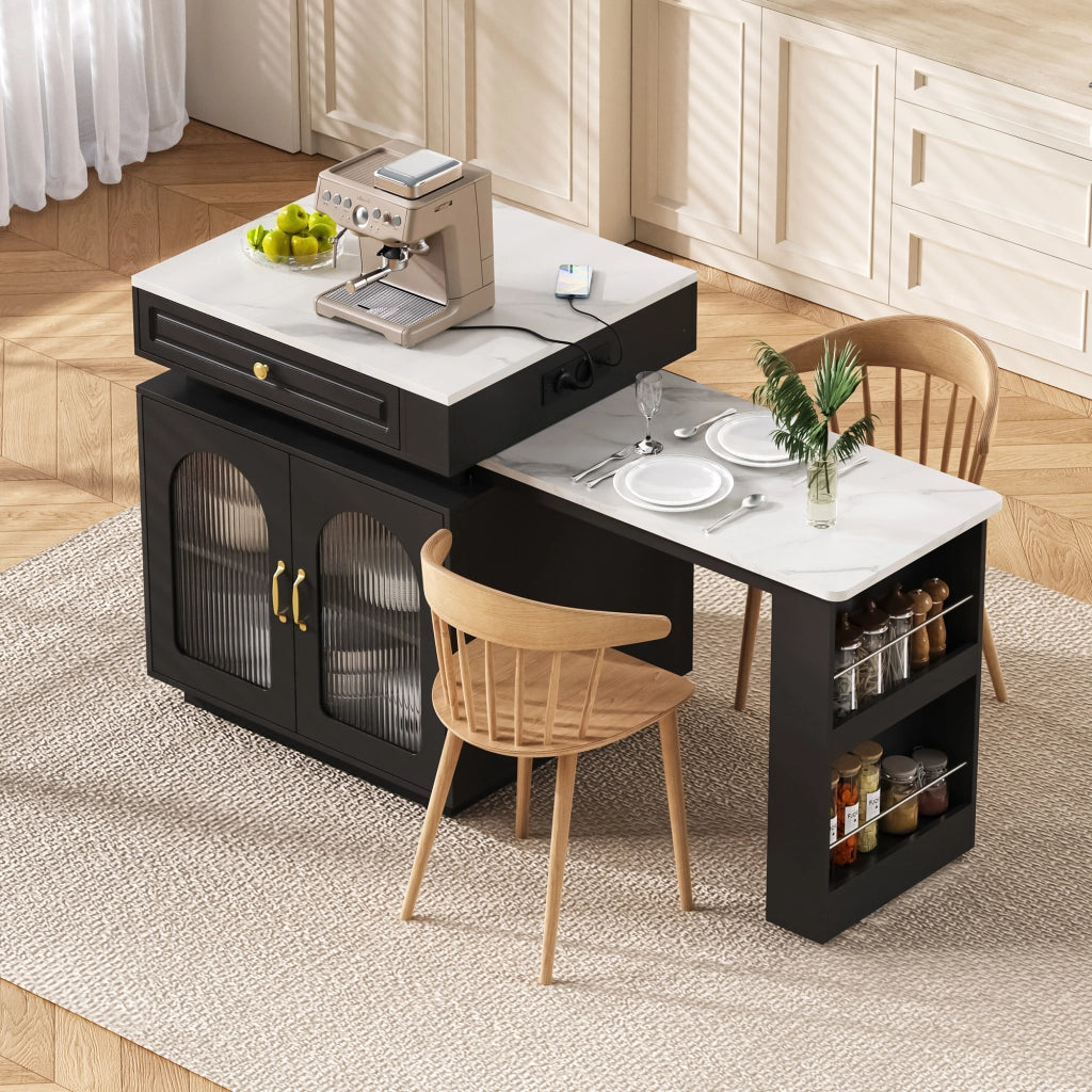 Isola Cucina con Ruote e Tavolo da Pranzo Allungabile; Tavolo Bar con Prese e LED; Nero