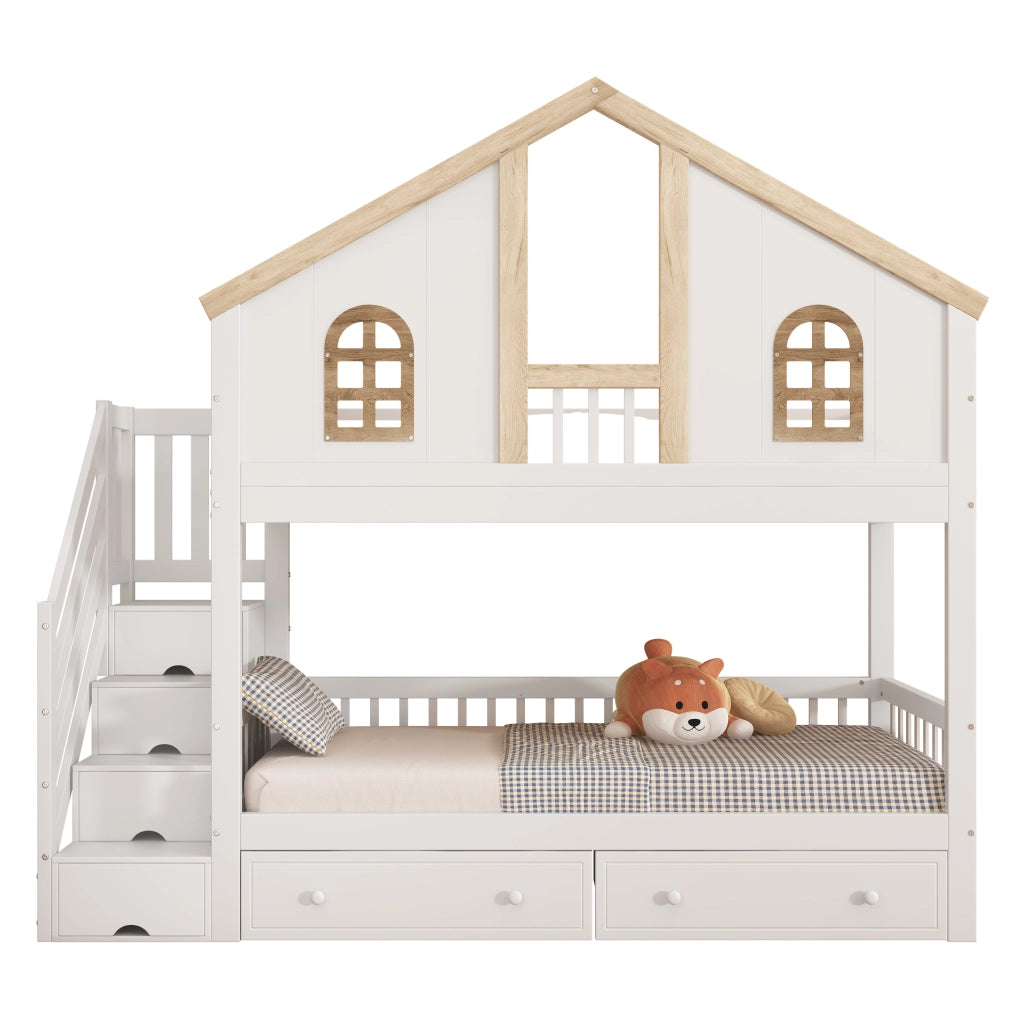 Letto a castello per bambini 90 × 200 cm con scala contenitore in legno bianco e naturale con cassetti e sponde
