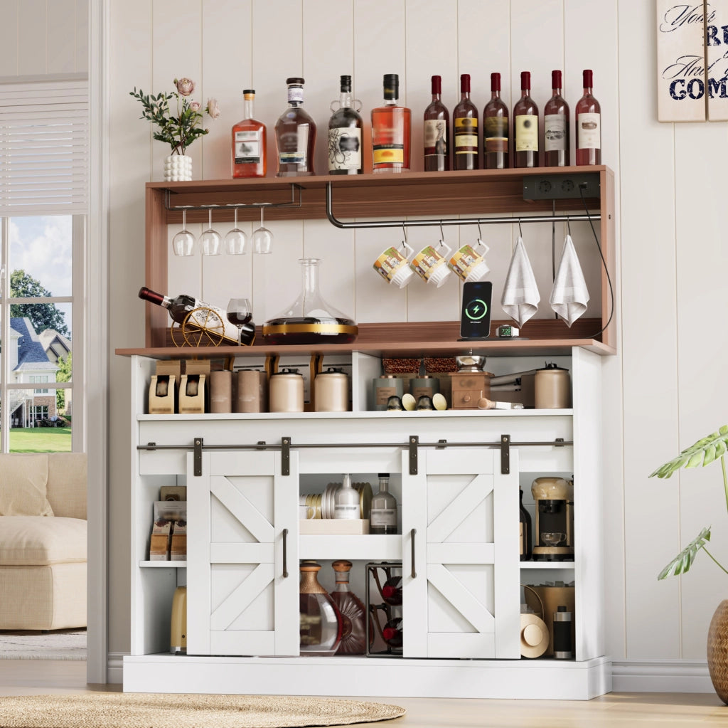 Mobile bar caffè 120 cm con prese USB; portabicchieri e ante scorrevoli HOMVRA