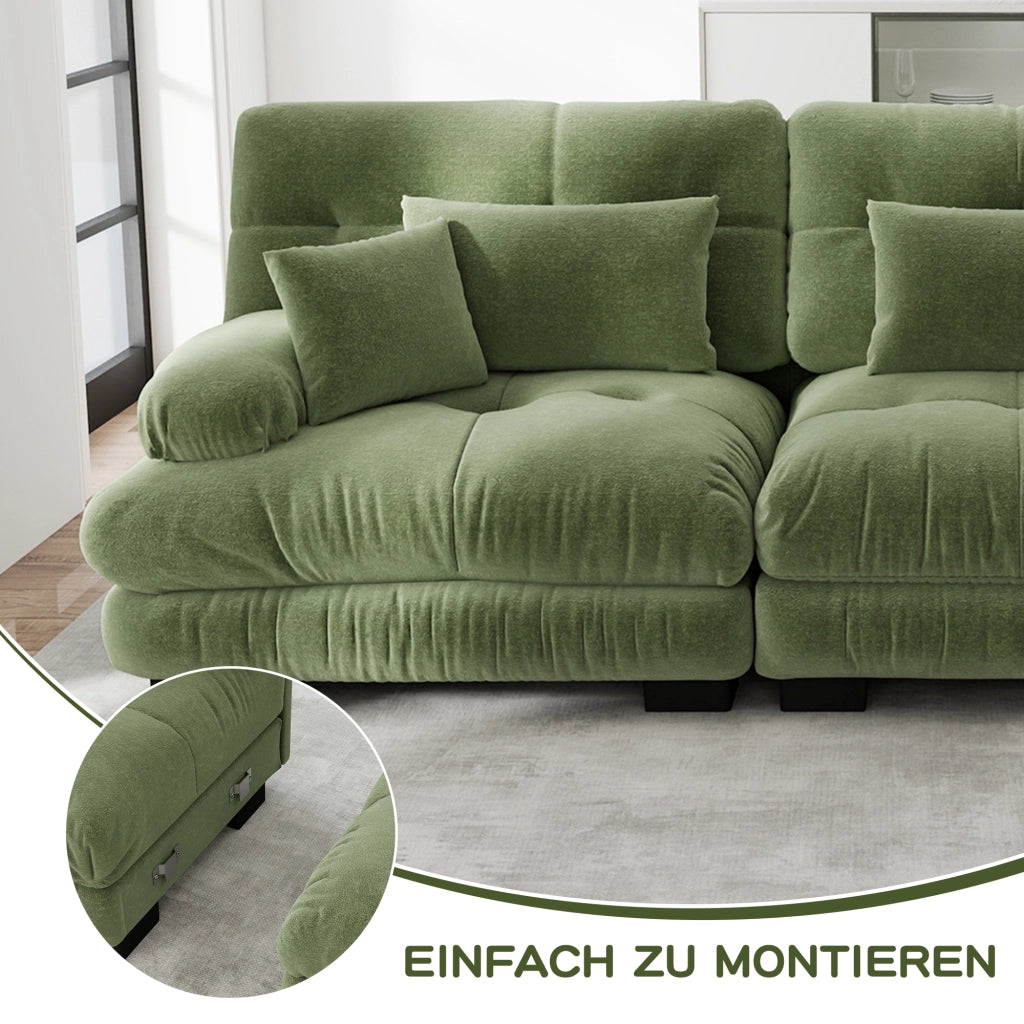 Divano modulare a 2 posti in chenille verde con braccioli arrotondati e pouf mobili