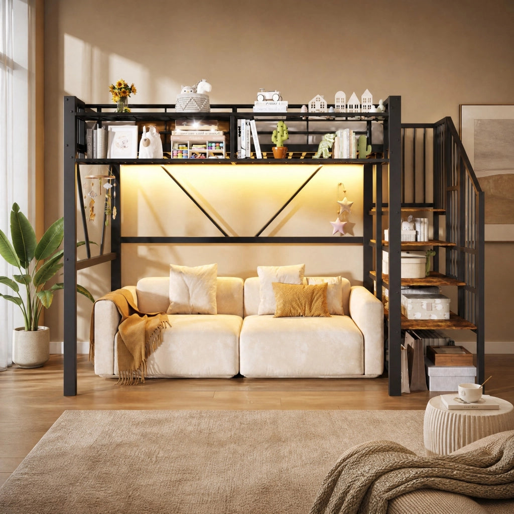 Letto a soppalco 90x200 cm in metallo e MDF, con ripiani a gradini, vano aperto, LED, nero
